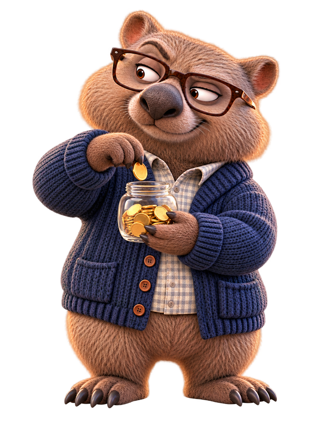 Kevy putting a coin into his savings jar.