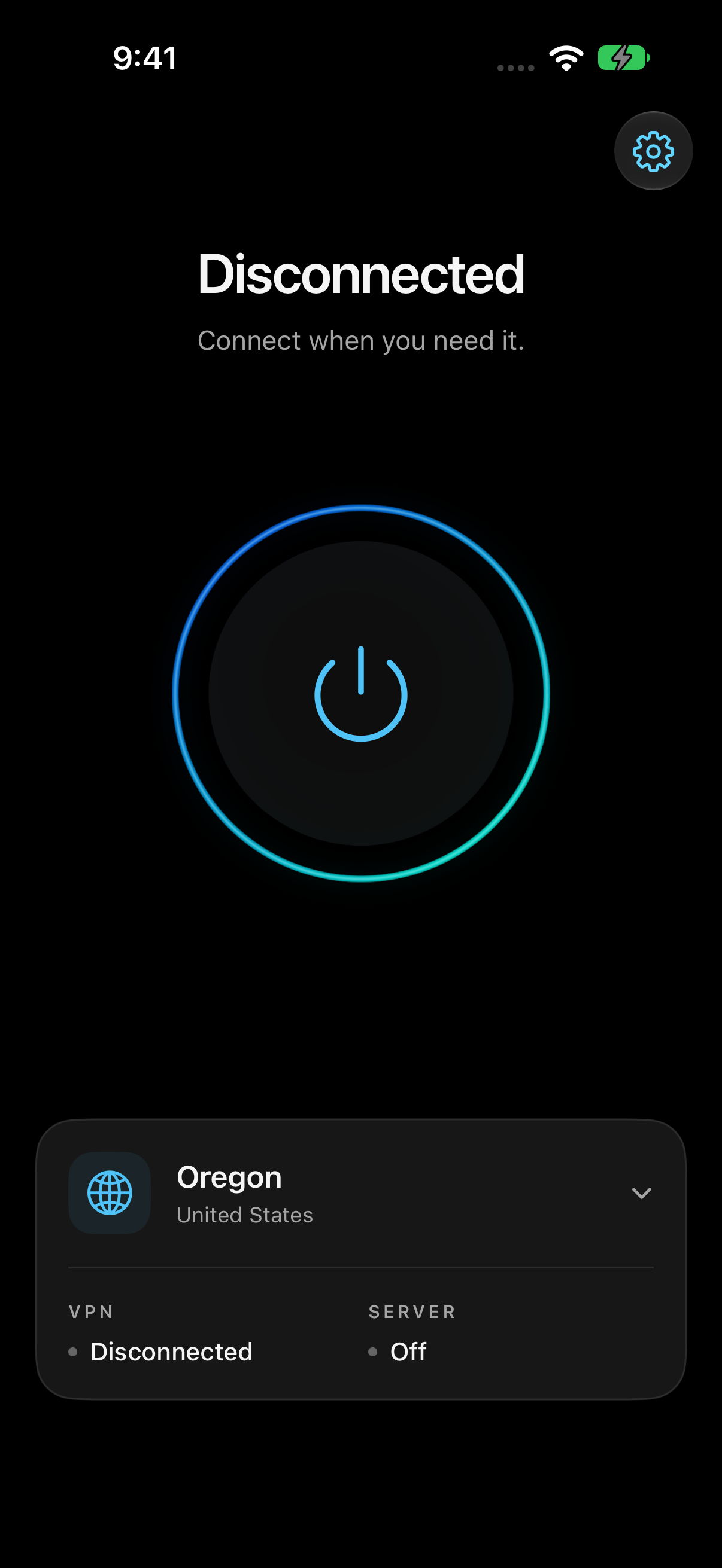 Yeah Nah VPN on iPhone with a power button and location picker.